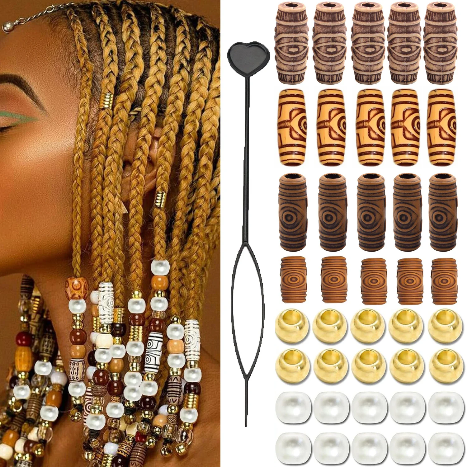 40Pcs/Bag Golden And Silver Color Dreadlock Beads Vintage Trendy Large Hole Braiding Beads with Carved Patterns