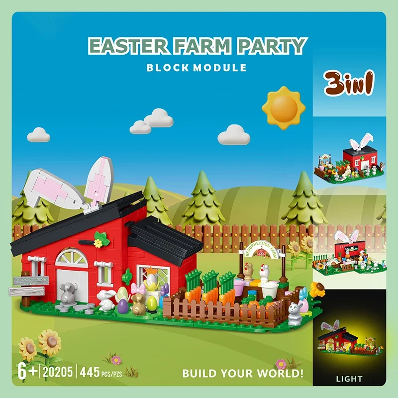 

445PCS 3IN1 Bunny House Building Blocks Easter Farm Party Model Bricks Set With Light Kids Educational DIY Toys Holiday Gift