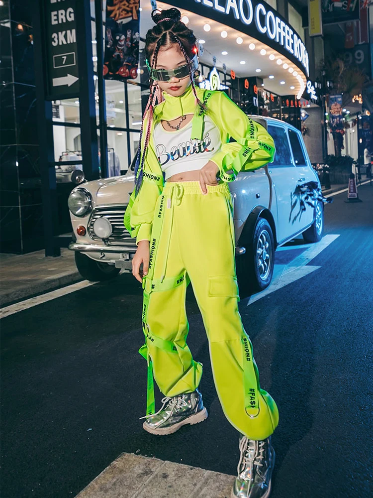 Hip Hop Costumes Girls Fluorescent Green Tops Pants Street Dance Outfit Modern Jazz Performance Dance Wear Rave Clothes BL7110