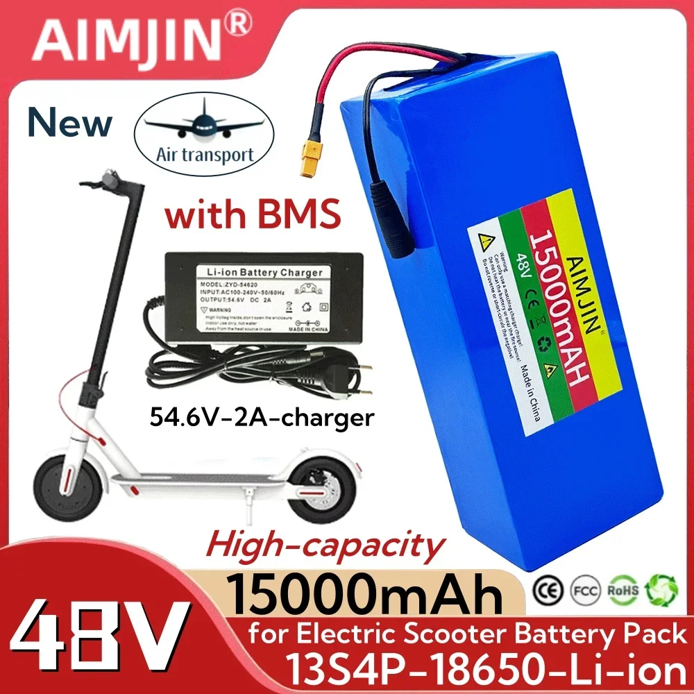 

New 13S4P 48V 15000mAh Rechargeable lithium-ion battery pack 18650 for Electric Scooter Bicycle with BMS+54.6v 2a charger