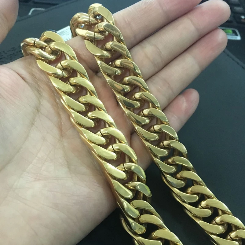 Stainless Steel Cuban Link Chain Necklace For Male 15MM Width Wholesale Gold Color Chains Men Boys Jewelry Gifts