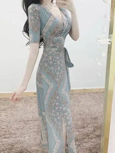 NOVEDAD DE VERANO 2021, versión coreana, vestido de manga corta con estampado Retro y cuello en V para mujer, vestido largo con cordones y cintura ceñida, vestido largo con abertura delgada A3VA