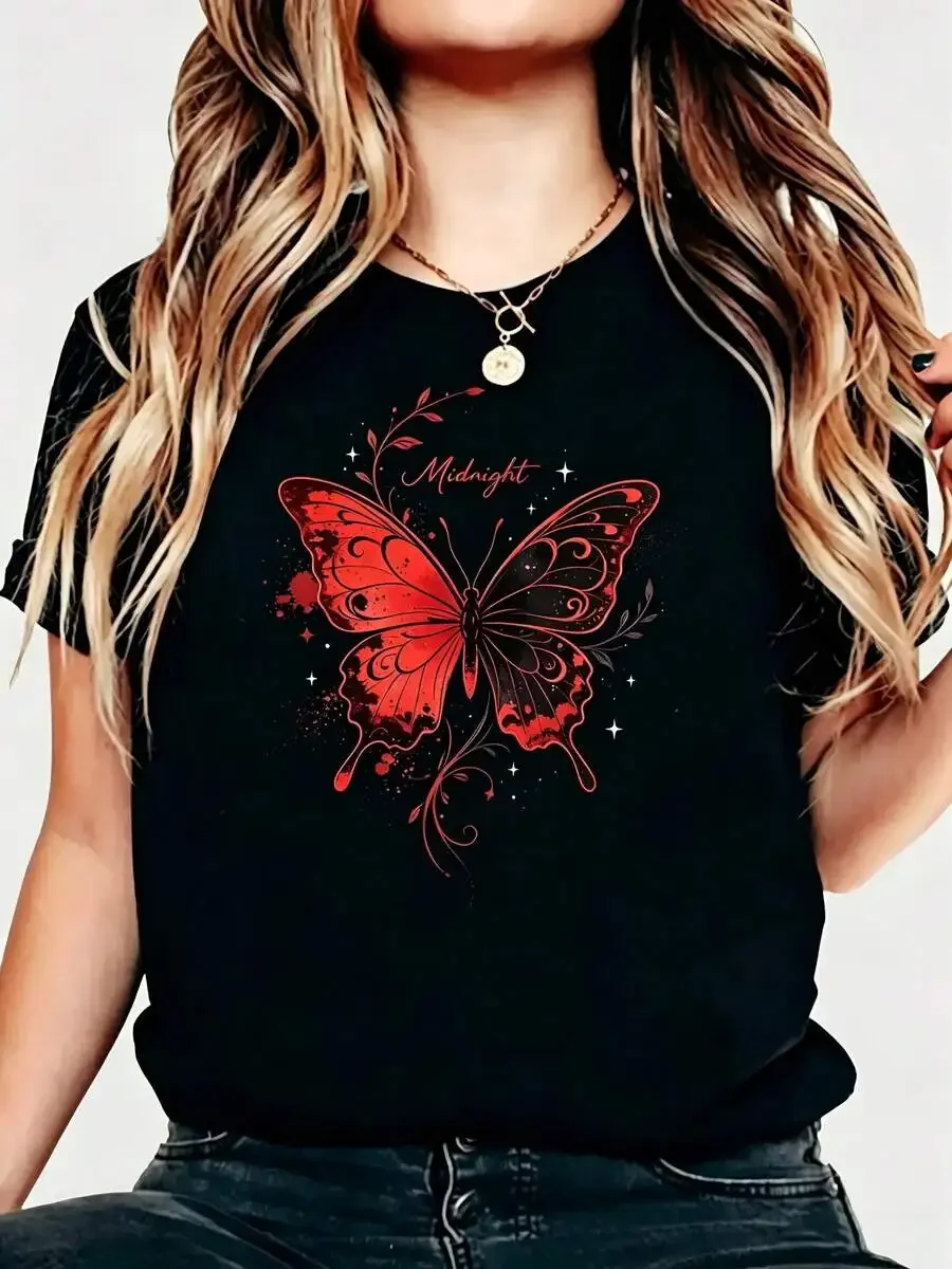 Women's Crew Neck Short Sleeve Graphic T-Shirt, Red Butterfly Midnight Print, Summer Casual Wear, Gift For Her Tops For Ladies