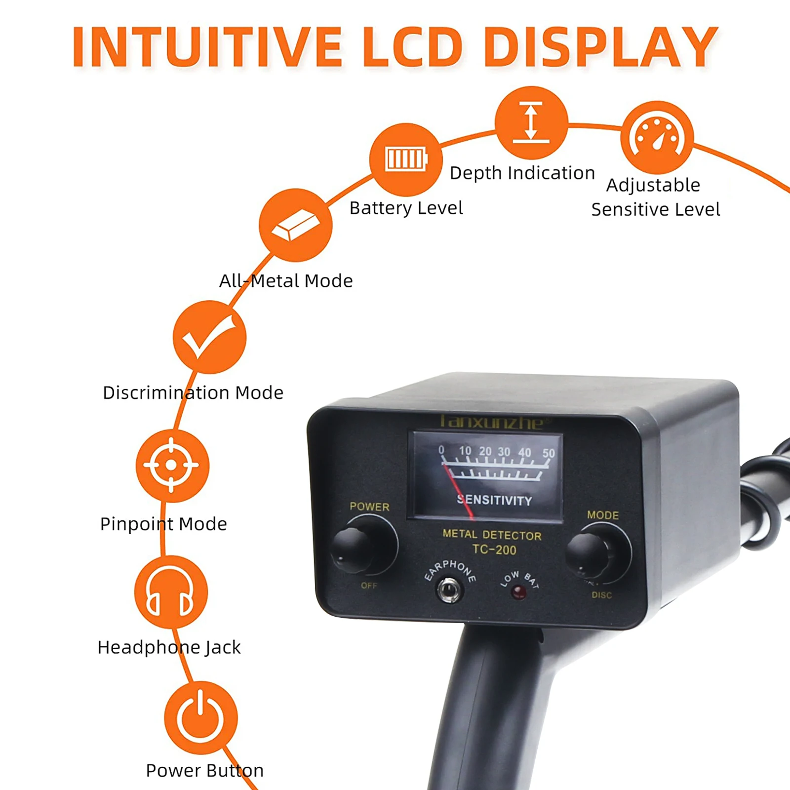 TC‑200 Adjustable Underground Metal Detector, Accurate Locating Treasure Hunter Gold Digger Tracker