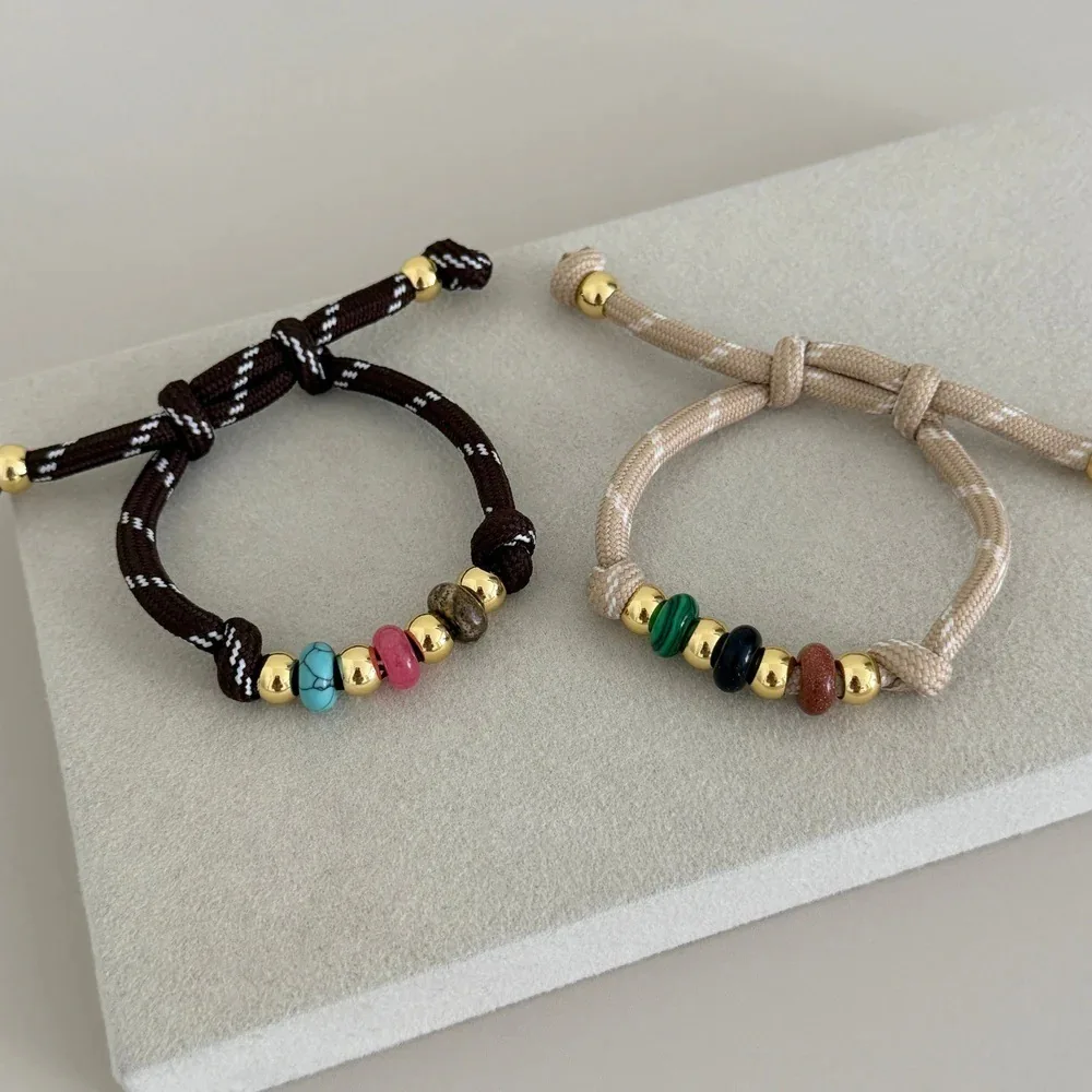 Boho Natural Stone Beaded Bracelets Women Bead Adjustable Drawstring Rope Bracelet Vintage Hand‑Knotted Woven Cord Wrist Jewelry