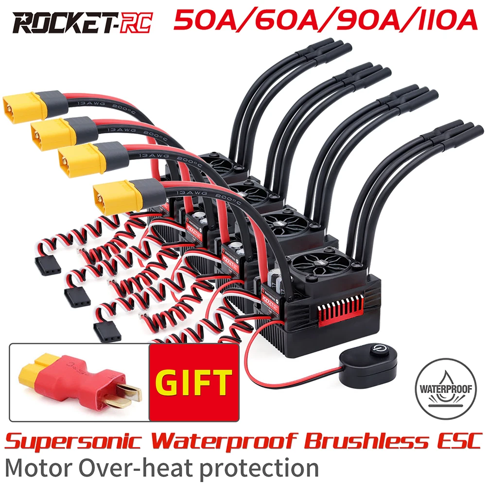 Rocket V2 Supersonic 45A 60A 90A 110A ESC Waterproof Brushless Speed Controller with 5.8V/5A BEC for 3650 Motor 1:10 RC Car Part