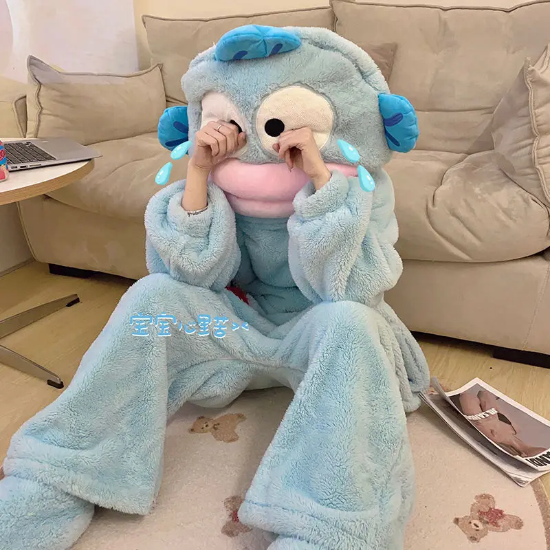 Sanrios Anime Kawaii Hangyodon Pajamas Female Coral Velvet Warm Autumn Winter Cartoon Funny Couple Jumpsuit Pajamas Home Clothes