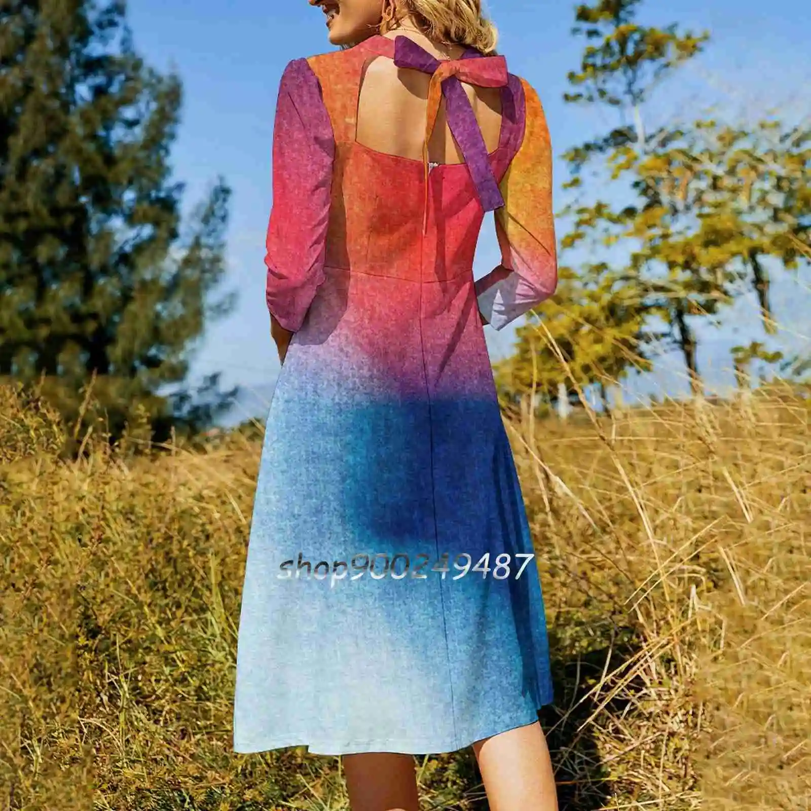 Blur / Burning Ice Flare Dress Square Neck Dress Elegant Female Fashion Printed Dress Abstract Bokeh Ombre Blur Color Ice Fire