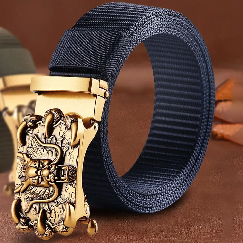 Trendy Dragon Head Nylon Braided Belt Luxury Brand Business Casual Automatic Buckle Waistband Simple Wild Style Canvas Strap