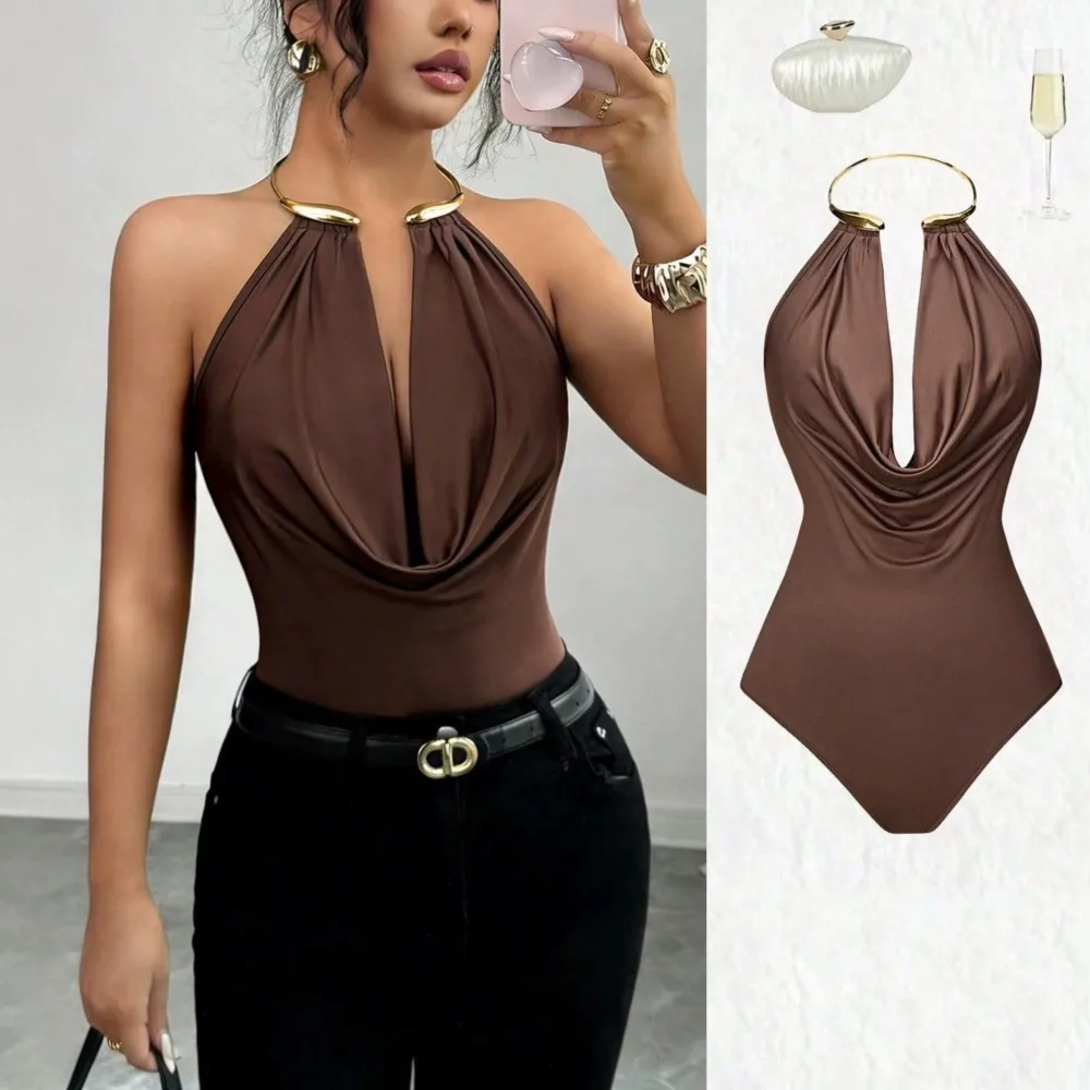 Halter Metal Collar Design Deep V-neck Slimming Jumpsuit For Women