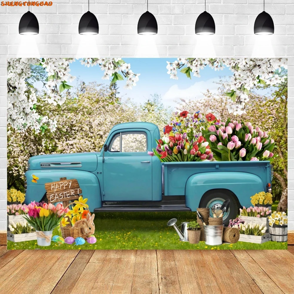 Spring Easter Photography Backdrop Happy Easter Eggs Bunny Green Grass Garden Flower Rabbit Baby Portrait Photo Background