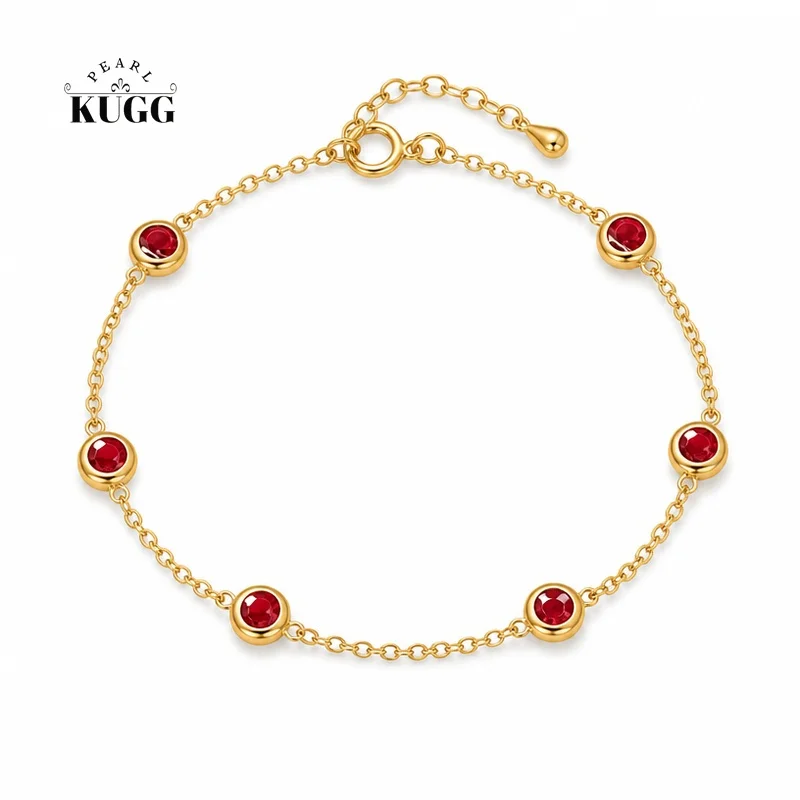 Pulsera KUGG 100% de Oro Amarillo de 18K, Estilo Vintage Elegante, con Rubí Natural Real para Mujer, Regalo de Aniversario, Joyería Fina