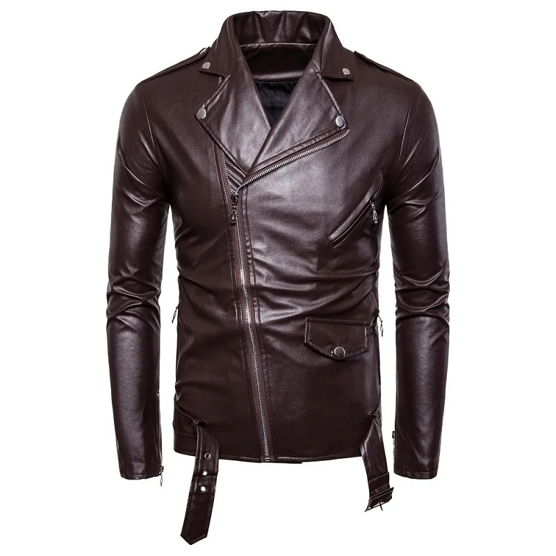 Pu Coat Men Faux Leather Jacket Motorcycle Zipper Turn Down Collar Belt Slim Fit Punk Biker Jackets Outerwear Work Autumn Winter