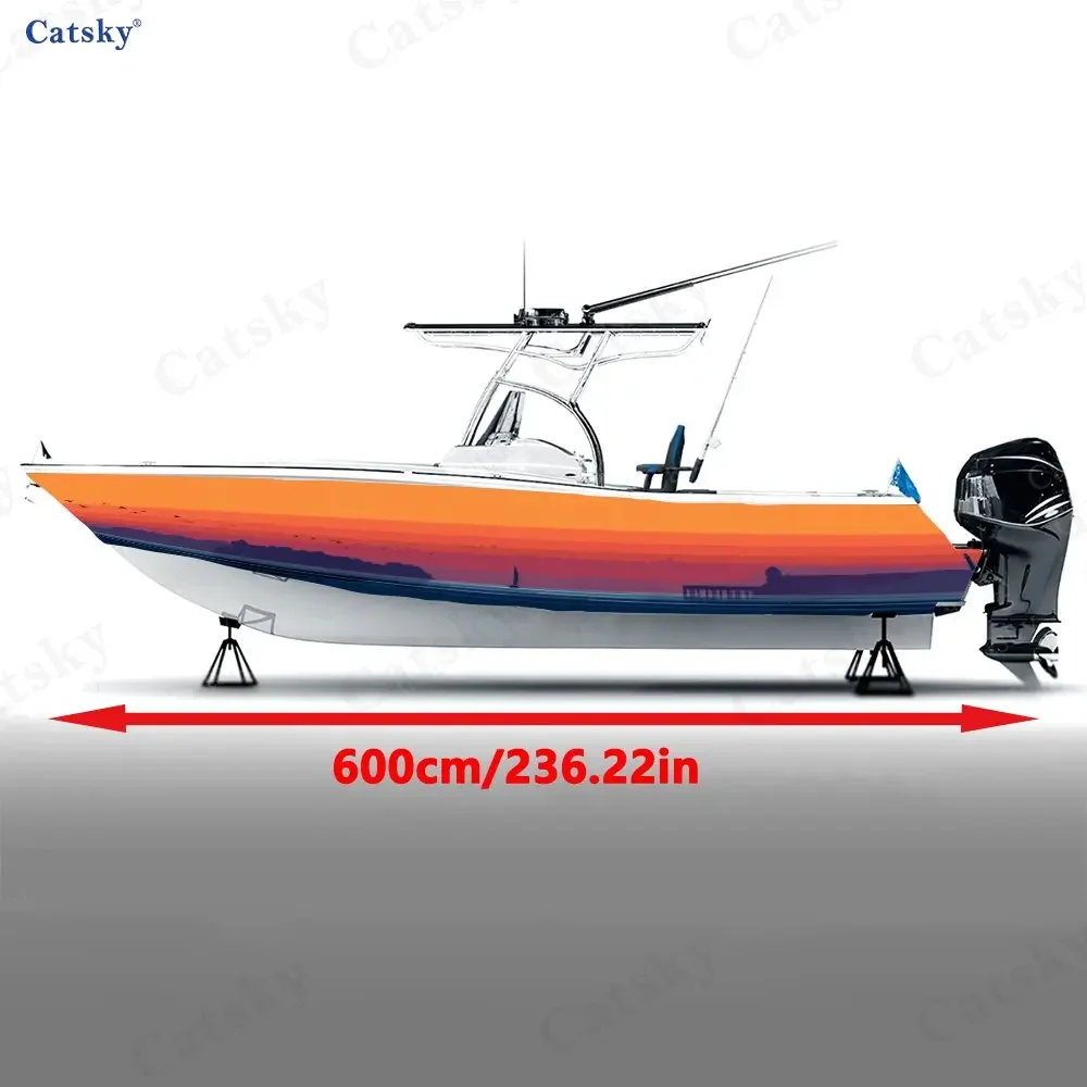 Healing Gradient Sunset Glow Harbor Boat Sticker, PVC Waterproof Vinyl Wrap Decals for Fishing Boats, Durable and Stylish Design