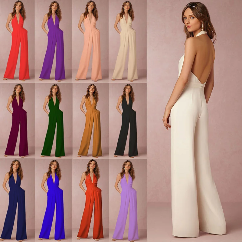 Elegant Office Lady กว้างขากางเกงสบายๆ Halter ผู้หญิง Jumpsuits 2022ฤดูร้อน Backless Rompers ยาว