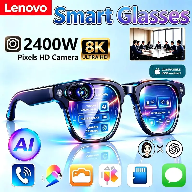 Lenovo New AI Smart Glasses Remote Control Touch 1600W 8K HD Camera Recording Voice Assistant Translator Bluetooth Sunglasses