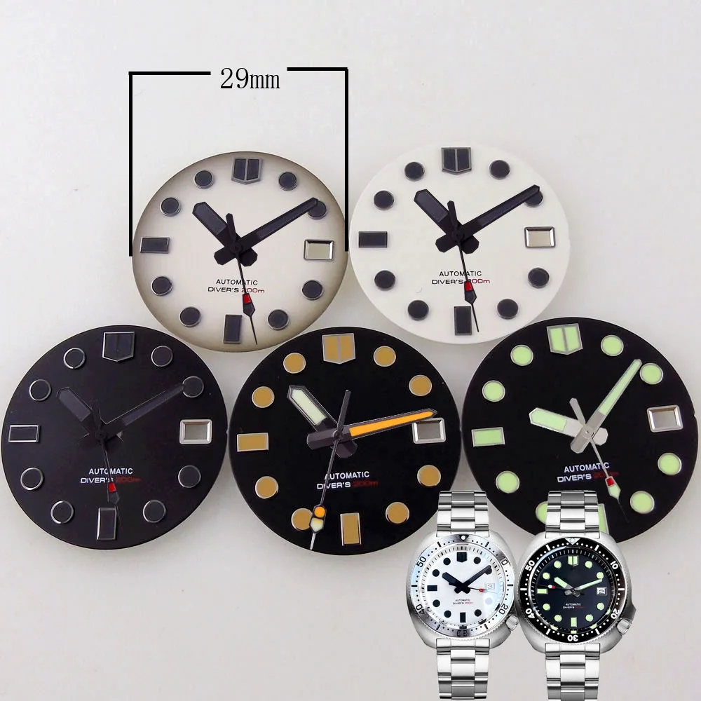 White 29mm Watch Dial Face for NH34 NH35 NH36 Movement 300m Diver Watch Part Green Luminous for 3.8/4 clock Crown