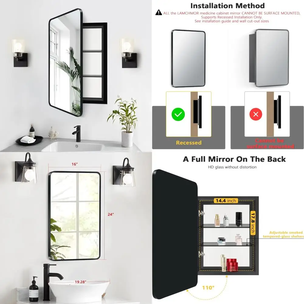 

Farmhouse Style Black Metal Framed 16x24 Inch Medicine Cabinet with Mirror and Single Door Storage for Bathroom