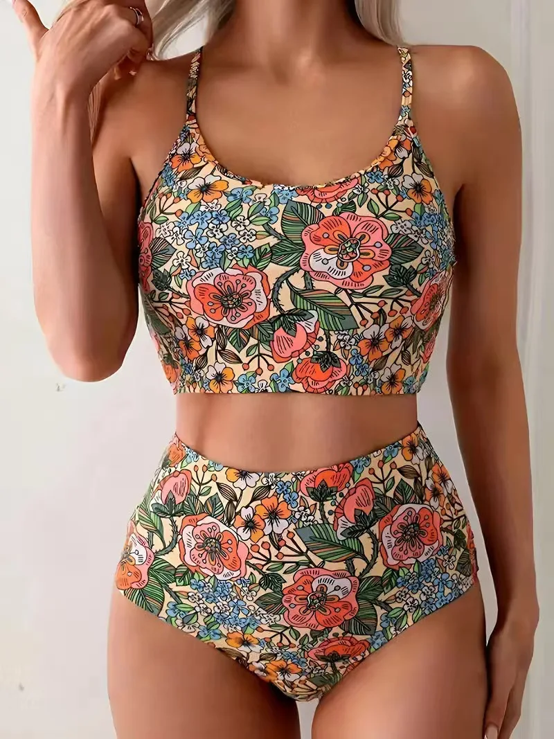 

Vintage Print High Waisted Bikini Sexy Ruched Top & Cheeky Bottom Y2K Swimsuit 2026 Summer Floral Vintage Bathing Suit Beachwear