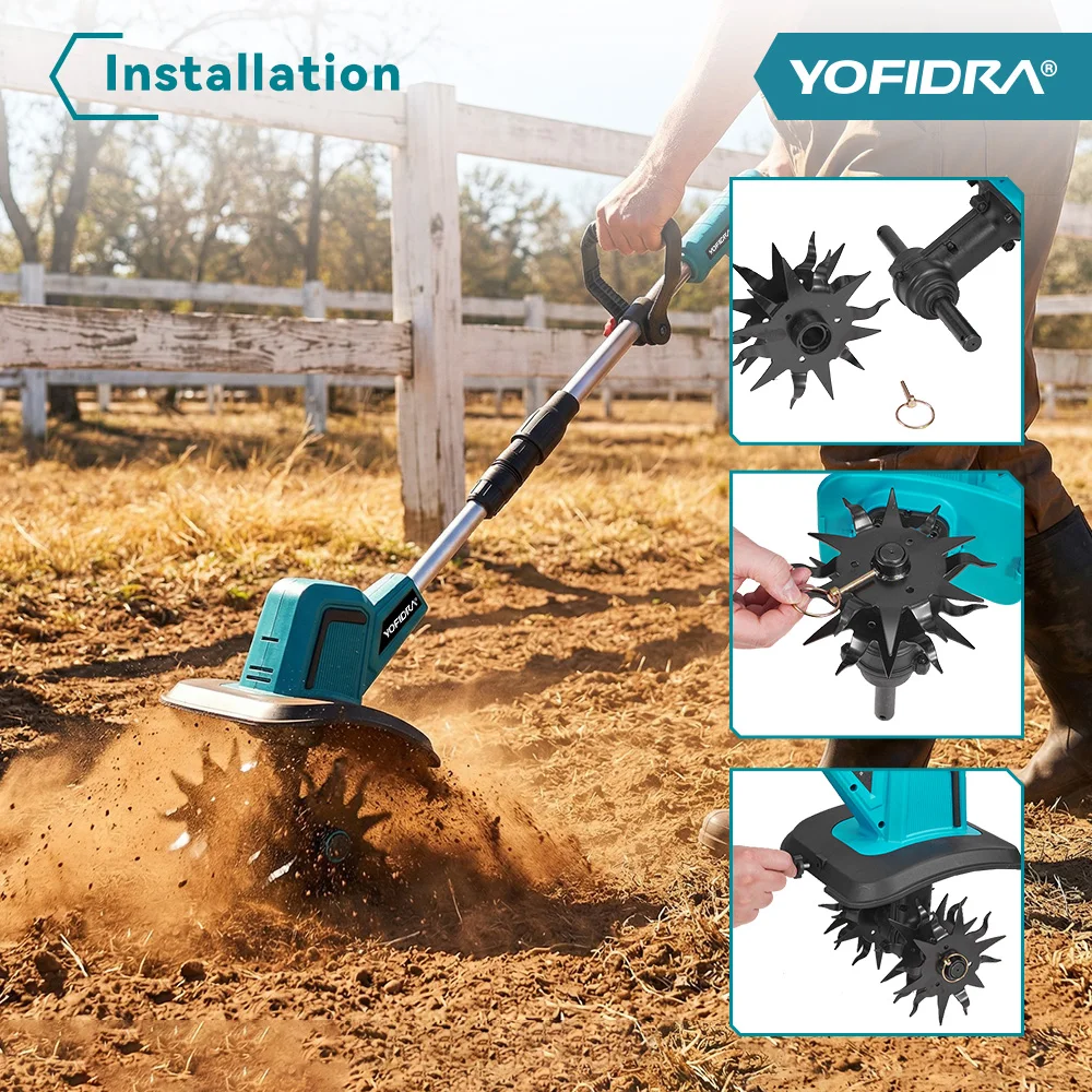 YOFIDRA Elektrische Gartenfräse, Kultivator, Vertikutierer, faltbare Bodenfräse, Bodenlockerer, Gartenwerkzeug für Makita 21V Akku – Detail 19