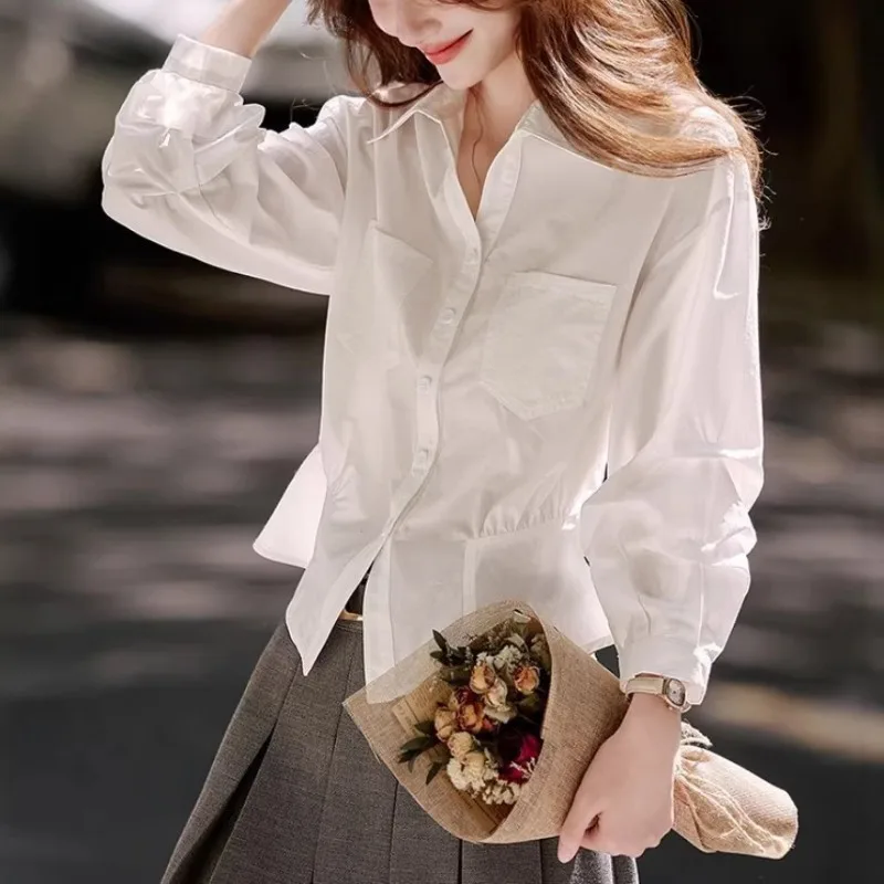Women Petite Size White Shirt Waist Cinched Pocket Design Long Sleeve Casual Blouse For Spring Summer