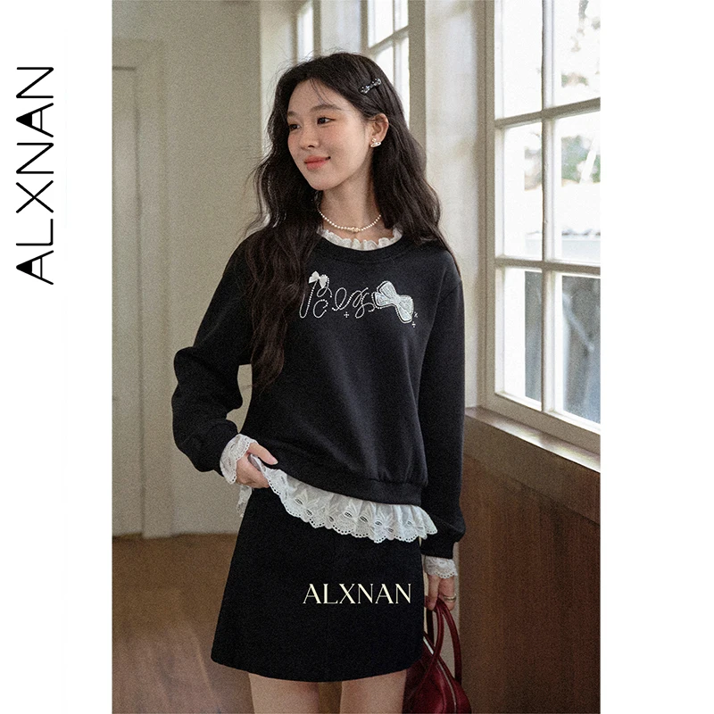 ALXNAN Women's Black Sweatshirt Round Neck Long Sleeve Hoodies Autumn Lace Stitching Bow Beading Design Loose-fit Top L569118