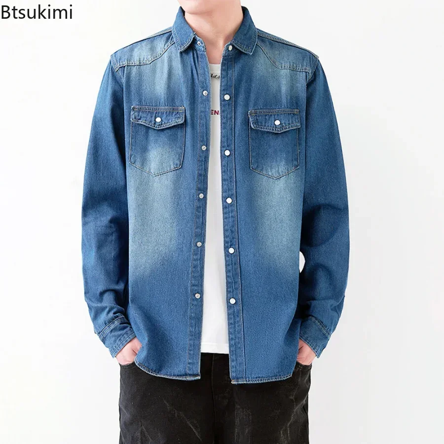 2024 Spring Summer Men\'s All-Match Long Sleeve Denim Shirt Korean Slim Fit Tooling Jean Jacket Classic Fashion Simple Tops Male