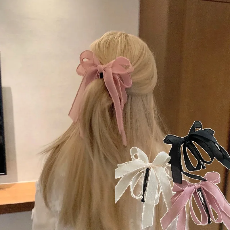 

Sweet Pink White Black Satin Big Bow Hairpin Streamer Hair Accessories Vertical Clip Ponytail Clip Down Banana Clip for Women