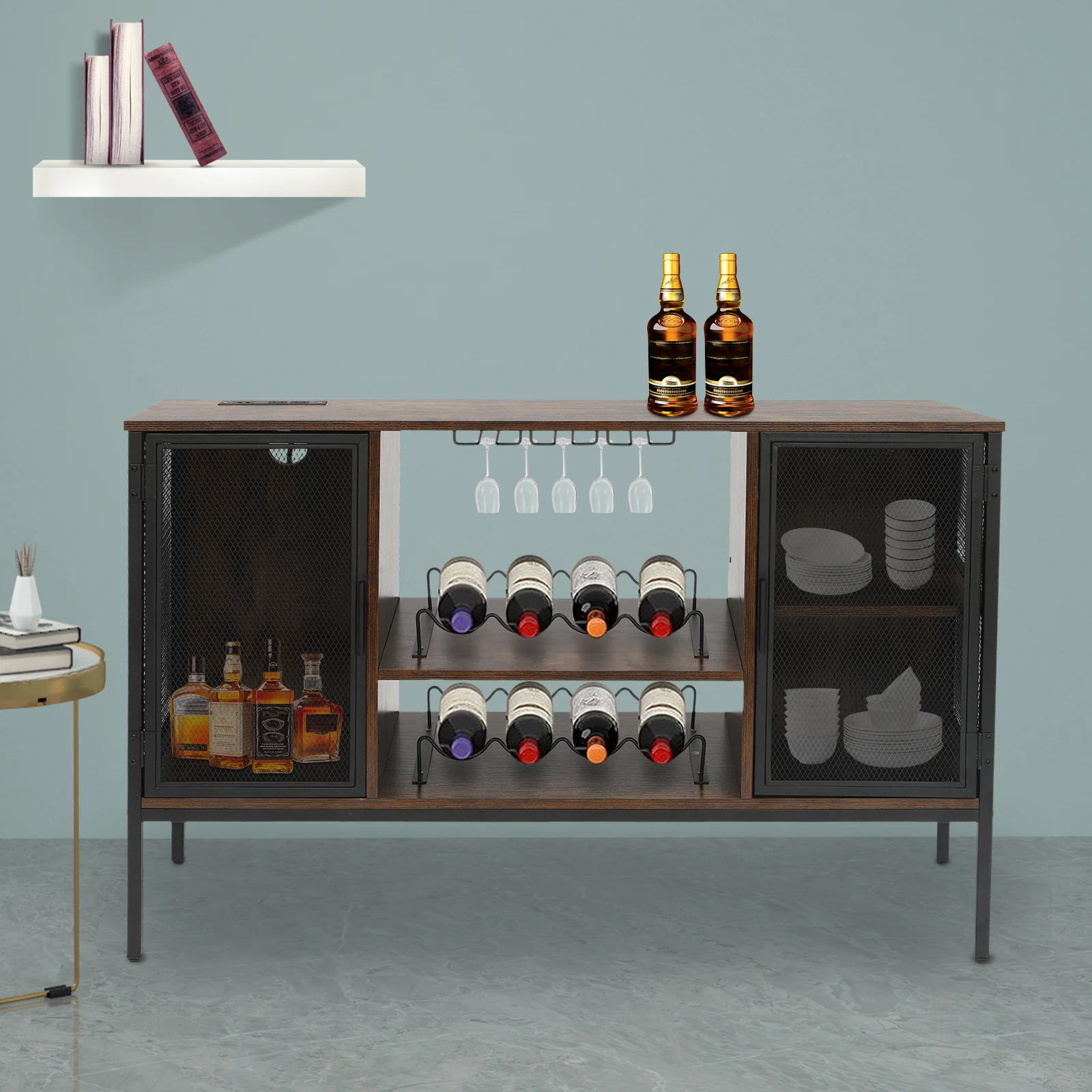 

Freestanding Wine Rack & Cabinet, 8-Bottle Capacity, Built-in Power Socket, Rustic Brown, Wine Glass Holders, Large Storage, Dus