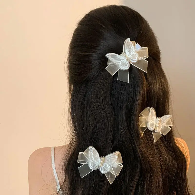 2Pcs White Butterfly Hair Clips Lace Bow Barrettes Sweet Girl Braid Hairpins Fairy Headwear Mesh Bowknot Pearl Duck Tongue Clip