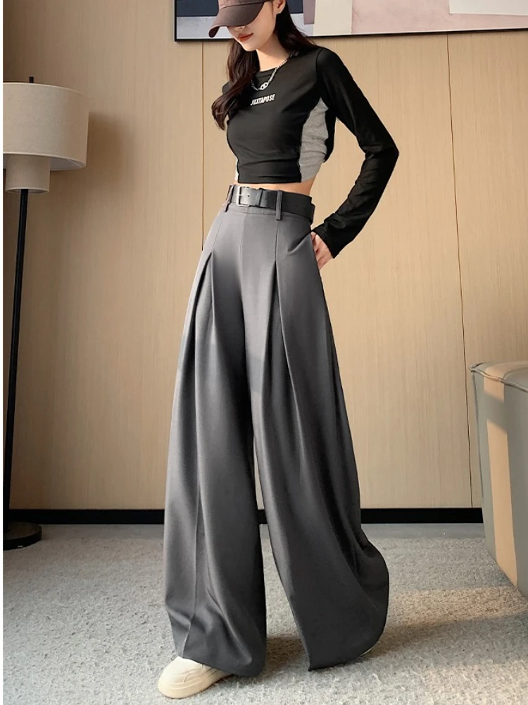 Geavanceerde pakbroek dames in de herfst, losse hoge taille en hangende sensatie, verlengde vloerlengte, casual broek met wijde pijpen