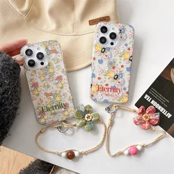 Korean Cute Flower Rabbit Phone Case For iPhone 16 Pro 15 12 14 13 Pro Max Cover with Chain Silicone Shockproof Cases 15 ProMax
