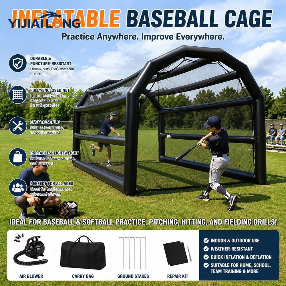 20x16FT Inflatable Baseball Cage, Heavy Duty PVC Baseball Practice Net with Air Pump, Portable Batting Cage for Pitching, Hitting Training, Softball Practice, Backyard, School & Sports Events