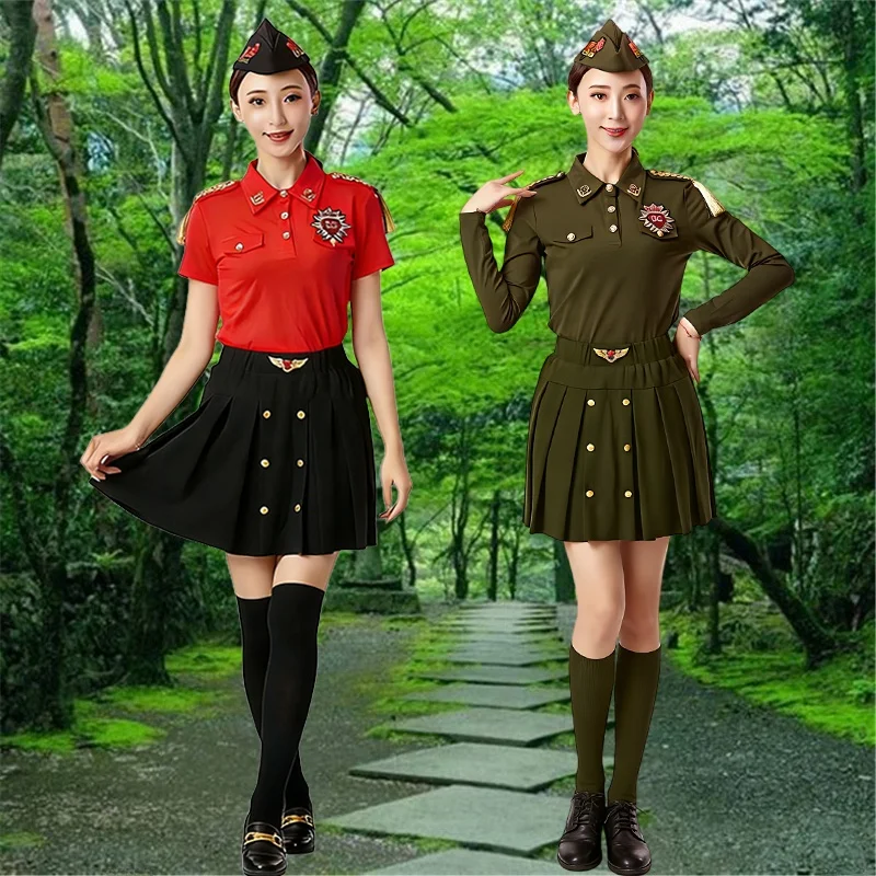 military-green-cotton-square-dance-outfit-women's-group-performance-skirted-dancewear-with-embroidery-and-fringe-details