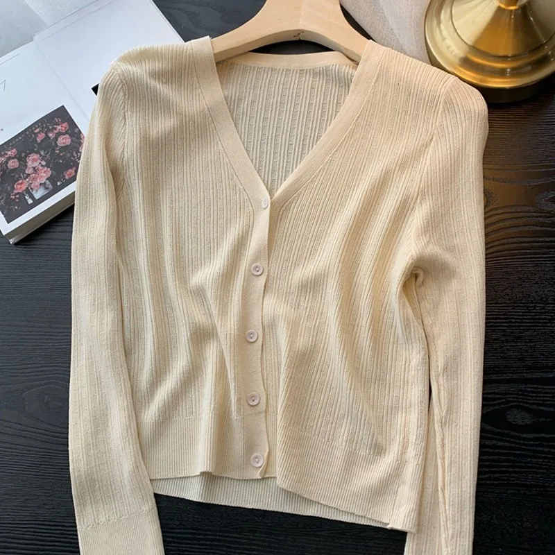 Cropped Boxy Button-Up Cardigan Sweater Women\'s Long Sleeve Plain Knitted Jacket Teen-girl Fall Winter Y2K 90s Outfit