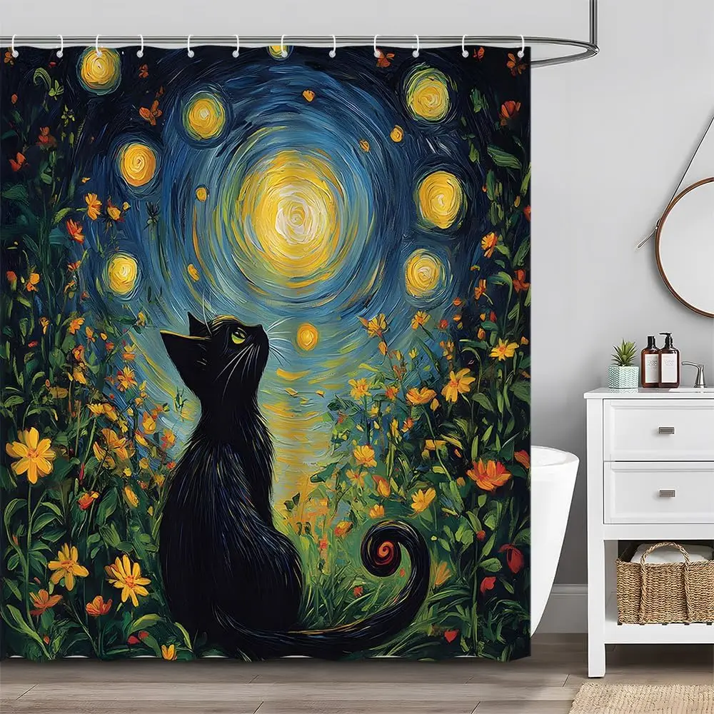

Занавеска для душа с забавным котом, синяя звездная ночь, абстрактная картина маслом, милый черный котенок, деревенский сад, красочный цветочный дикий цветок
