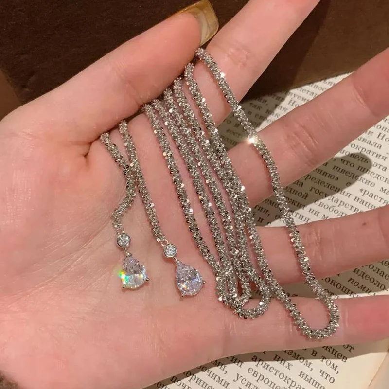 Light luxury Dazzling Water Droplet Necklace Super Long Hair Chain Double-layer Collarbone Chain Women Fashion Jewelry KOFSAC