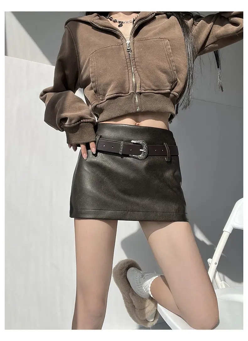 Vintage Brown Pu Leather Skirt 2025 Winter New Women's A-shaped Leather Bodycon Skirt with Belt