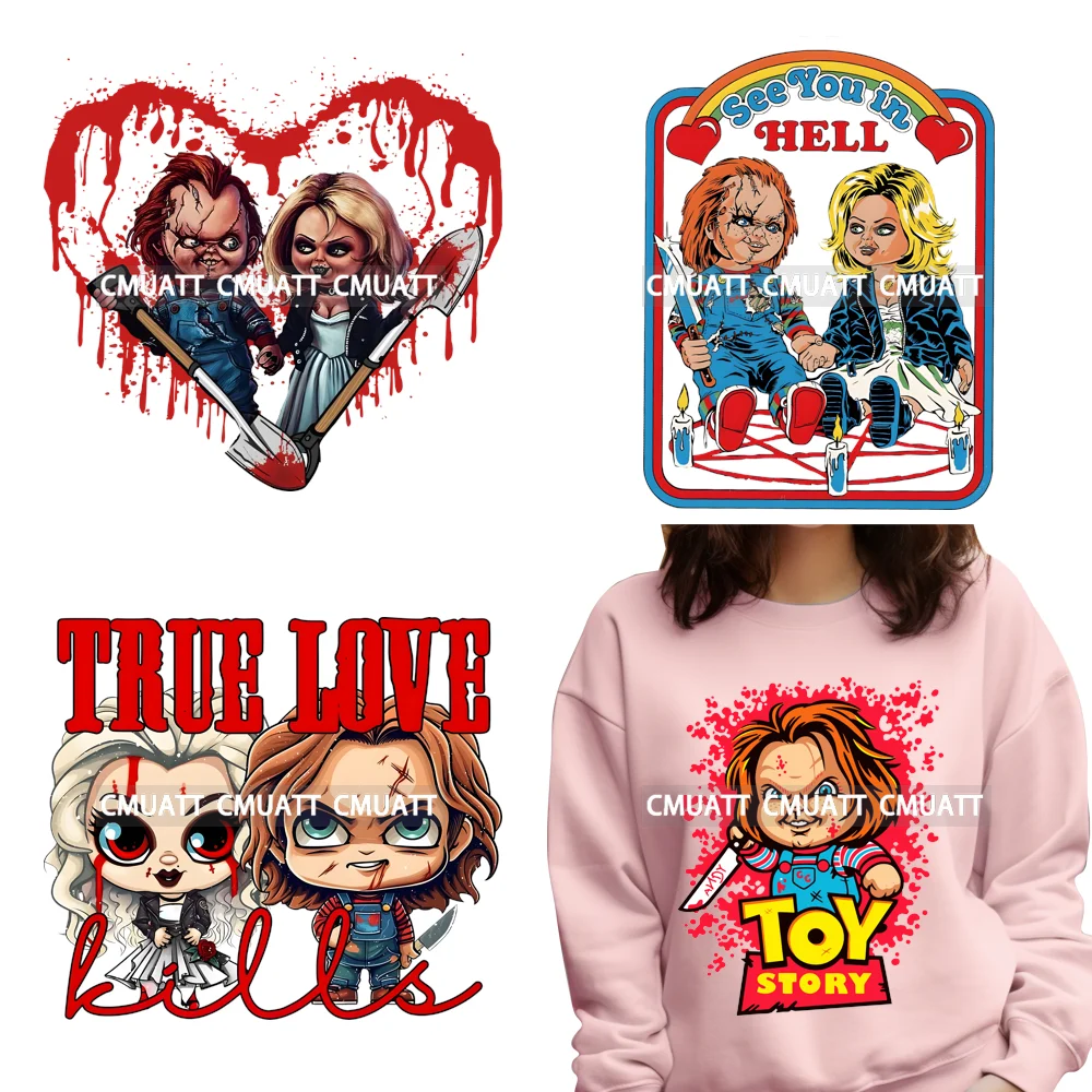 

Wanna Play Horror Bride Movie Killers Halloween Couple Love Iron on DTF Washable Transfers Stickers Ready to Press for Hoodies
