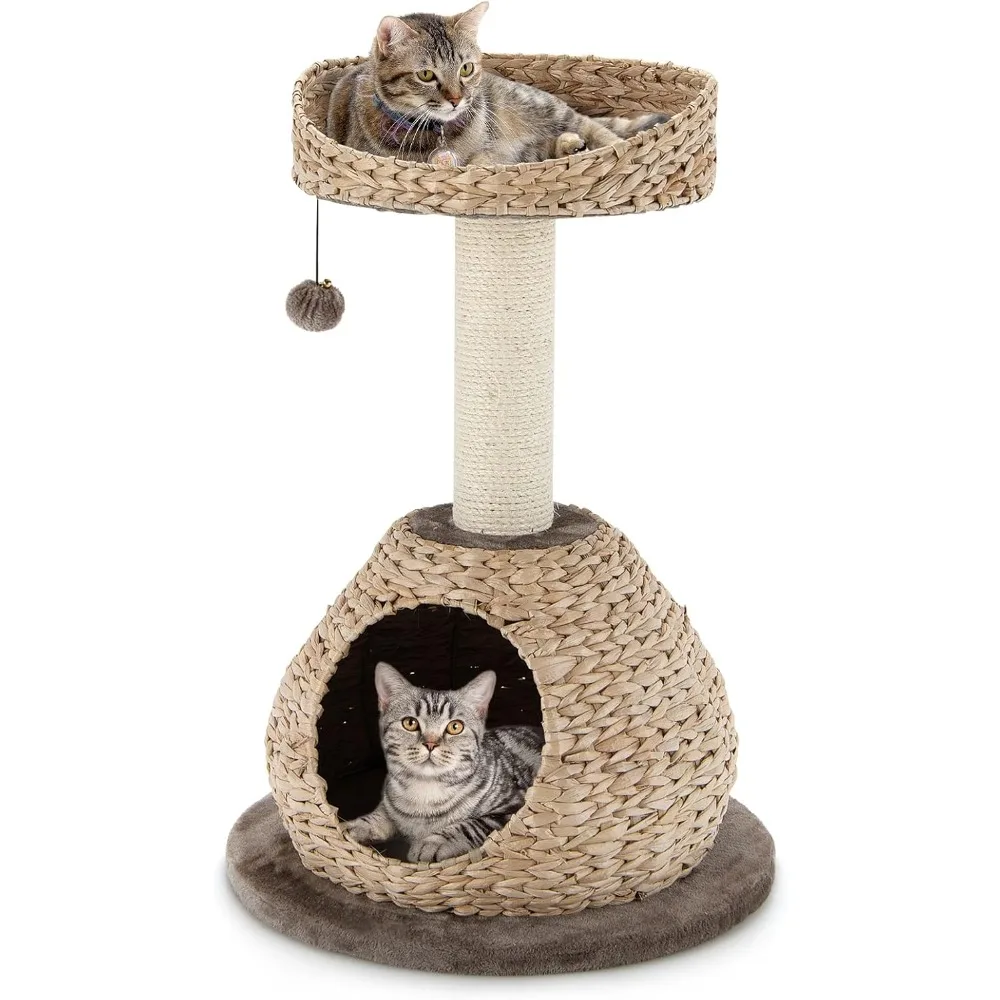 Modern Cat Tree for Indoor Cats, Small/Tall Cat Tree with Natural Sisal Scratching Post, Hand-Made Wicker Cat Condo & Top Perch