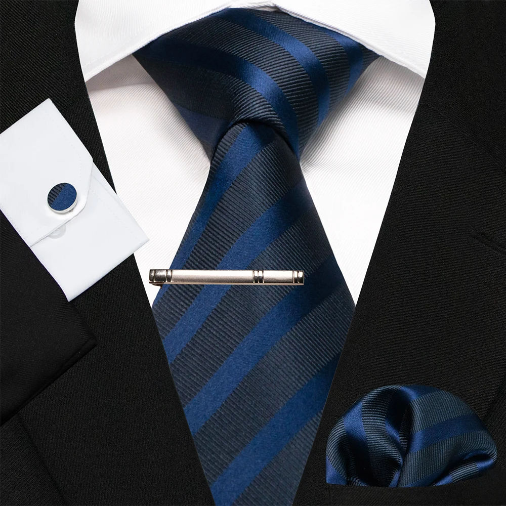 KAMBERFT Marineblau Gestreifte Seidenkrawatte für Herren, Modisches Design, Geschenkset mit Taschentuch und Manschettenknöpfen, Business-Party-Gravata – Detail 3