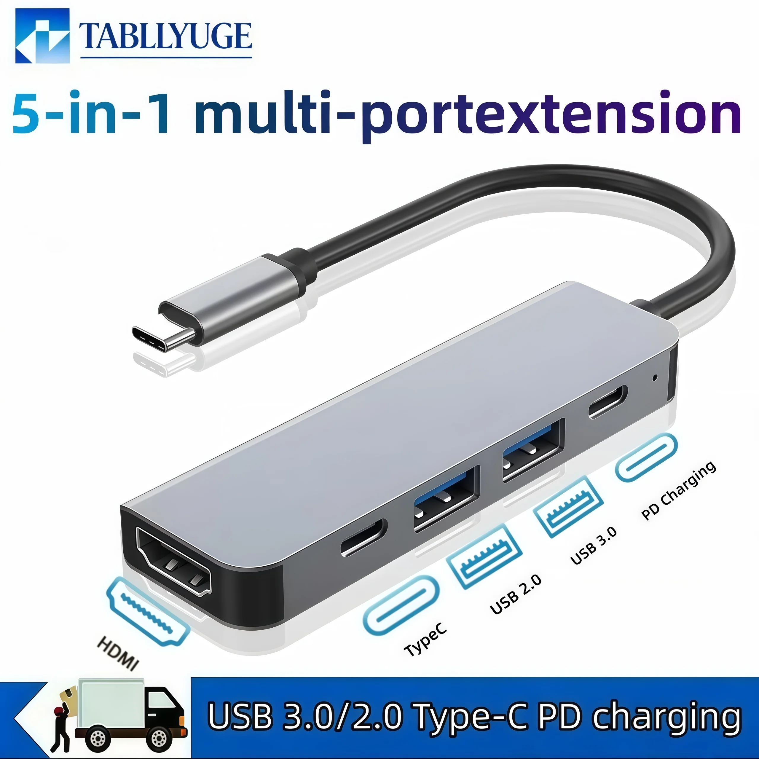 5-in-1 / 7-Port USs C Hub Multiport Adapter Dual Input Type-C Docking Station USB3.0 PD Changing Hub for Laptop Notebook Macbook