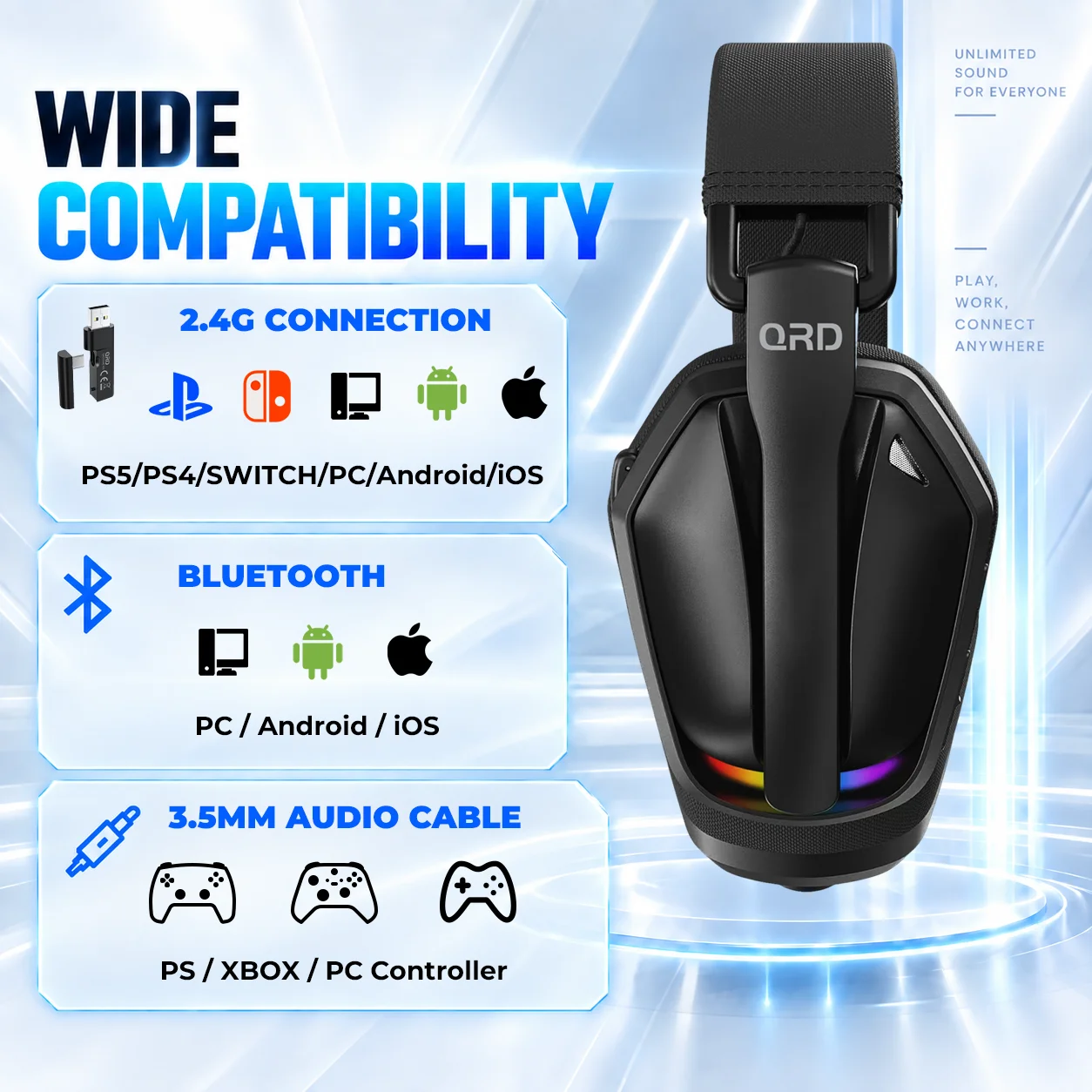 QRD A55 Gaming Headset 2.4Ghz Bluetooth Wireless With Mic Over-Ear Headphones for  PS5 / PS4 /Switch / PC Surround Sound