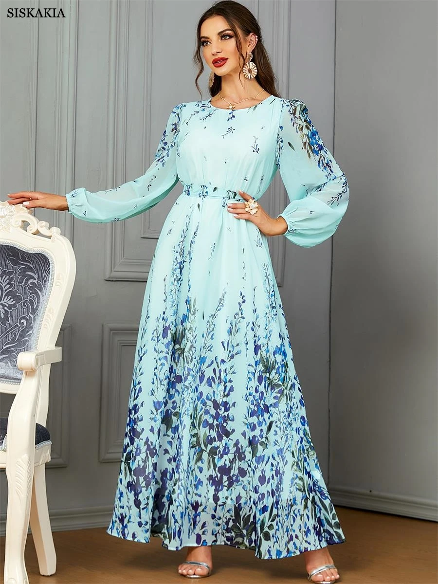 Siskakia Dubai Fashion Floral Lantern Sleeve O-Neck Gulf Women Dress With Sashes Jalabiyat Moroccan Arab Evening Party Abaya