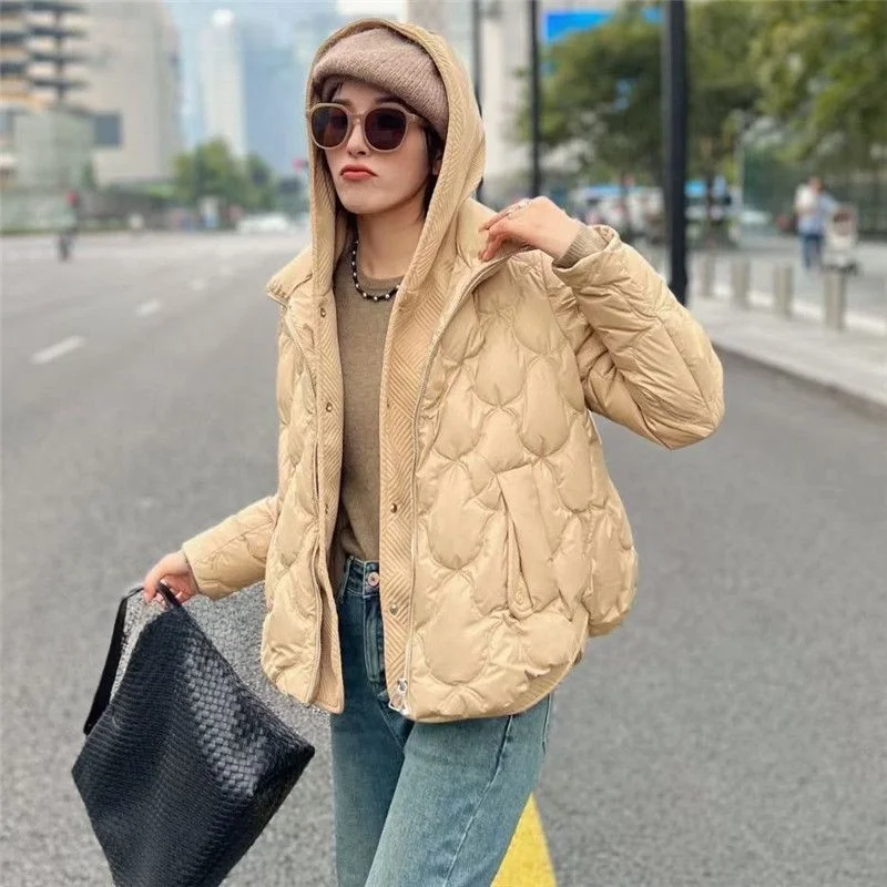 Women's Thick Down Jacket, Loose Warm Outerwear, Fake Two Pieces, Short Snow Coat, Female Fashion, Winter