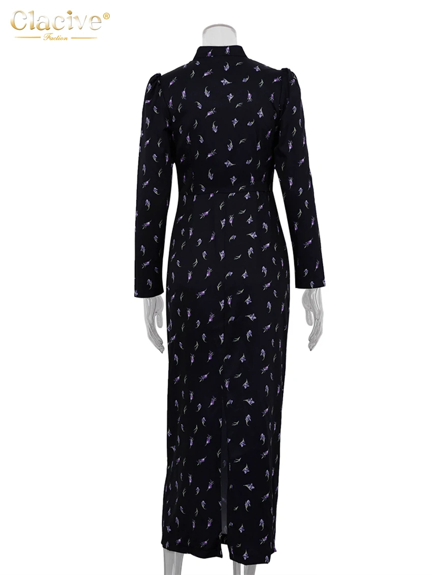 Clacive Fashion Slim Print Women\'s Dress Bodycon Stand Collar Long Sleeve Ankle Length Dresses Elegant High Waist Female Dress