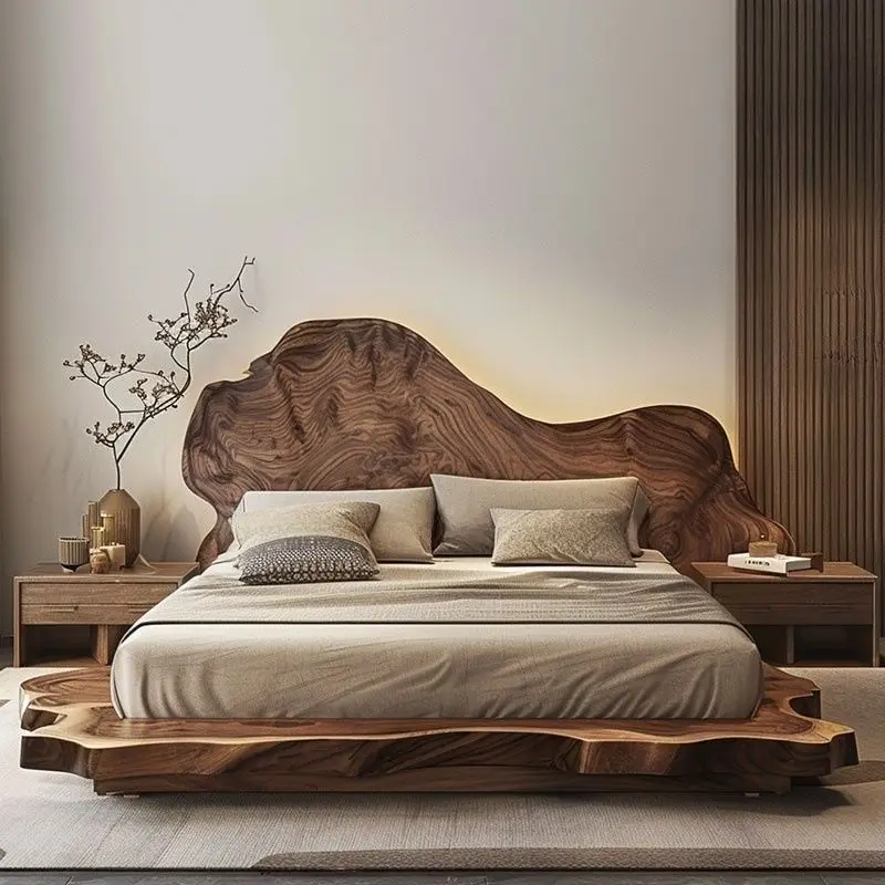 

Full solid wood bed log wind modern simple wabi-sabi wind double bed