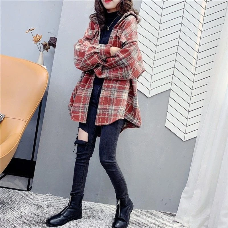 

2025 Spring Women's Check Wool Blend Shirt Jacket Thickened Warm Long Sleeved Stylish Versatile Trendy Design