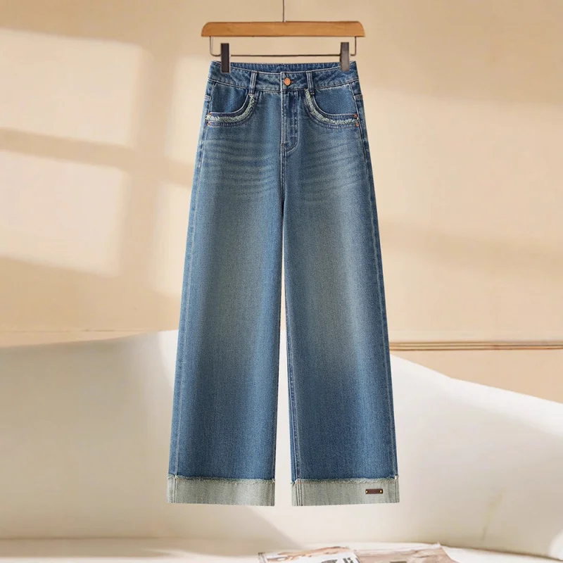 

Trendy Wide-Leg Jeans for Women, Autumn High-Waisted Slimming Commuter Versatile Frayed Fashion Straight Pants