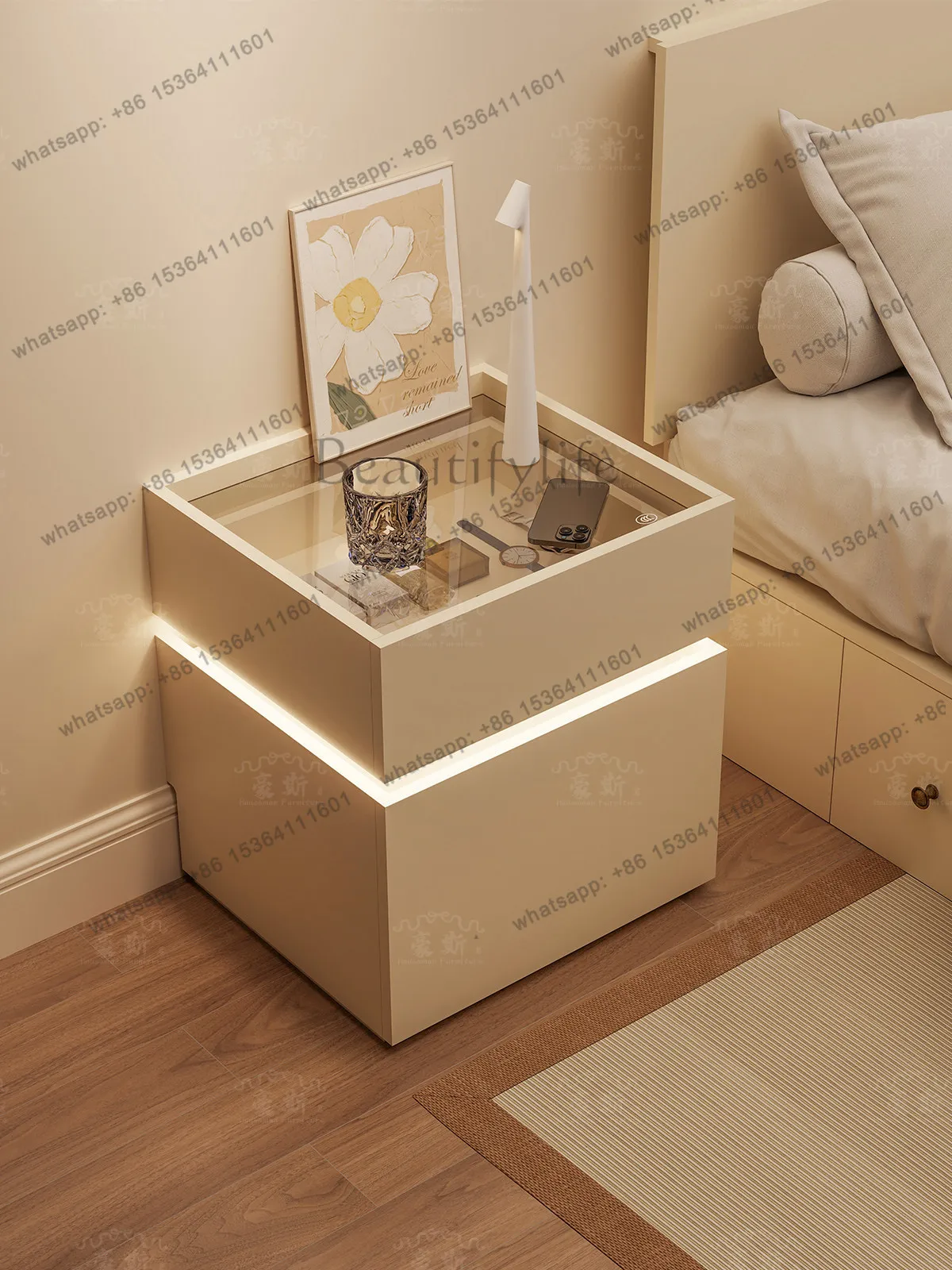 Simple smart bedside table, bedroom storage, living room, French cream wind storage, two chest of drawers